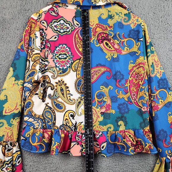 Womens Bell Sleeve Open Tie Front Kimono Medium Paisley Boho Whimsy Fairy Ruffle - Picture 6 of 11